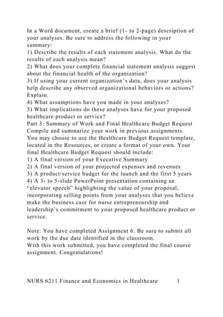 In a Word document, create a brief (1- to 2-page) description of
your analyses. Be sure to address the following in your
summary:
1) Describe the results of each statement analysis. What do the
results of each analysis mean?
2) What does your complete financial statement analysis suggest
about the financial health of the organization?
3) If using your current organization’s data, does your analysis
help describe any observed organizational behaviors or actions?
Explain.
4) What assumptions have you made in your analyses?
5) What implications do these analyses have for your proposed
healthcare product or service?
Part 3: Summary of Work and Final Healthcare Budget Request
Compile and summarize your work in previous assignments.
You may choose to use the Healthcare Budget Request template,
located in the Resources, or create a format of your own. Your
final Healthcare Budget Request should include:
1) A final version of your Executive Summary
2) A final version of your projected expenses and revenues
3) A product/service budget for the launch and the first 5 years
4) A 3- to 5-slide PowerPoint presentation containing an
“elevator speech” highlighting the value of your proposal,
incorporating selling points from your analyses that you believe
make the business case for nurse entrepreneurship and
leadership’s commitment to your proposed healthcare product or
service.
Note: You have completed Assignment 6. Be sure to submit all
work by the due date identified in the classroom.
With this work submitted, you have completed the final course
assignment. Congratulations!
NURS 6211 Finance and Economics in Healthcare 1
 
