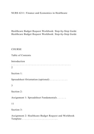 NURS 6211: Finance and Economics in Healthcare
Healthcare Budget Request Workbook: Step-by-Step Guide
Healthcare Budget Request Workbook: Step-by-Step Guide
COURSE
Table of Contents
Introduction
. . . . . . . . . . . . . . . . . . . . . . . . . . . . . . . . . . . . . . . .
2
Section 1:
Spreadsheet Orientation (optional) . . . . . . . . . . . .
3
Section 2:
Assignment 1: Spreadsheet Fundamentals . . . . . .
11
Section 3:
Assignment 2: Healthcare Budget Request and Workbook
Template . . . . . . . . . . . . . . . . . . . . . . . .
 