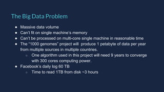 Bay Area Search
• Massive data volume
• Can’t fit on single machine’s memory
• Can’t be processed on multi-core single machine in reasonable time
• The “1000 genomes” project will produce 1 petabyte of data per year
from multiple sources in multiple countries.
○ One algorithm used in this project will need 9 years to converge
with 300 cores computing power.
• Facebook’s daily log 60 TB
○ Time to read 1TB from disk ~3 hours
The Big Data Problem
 