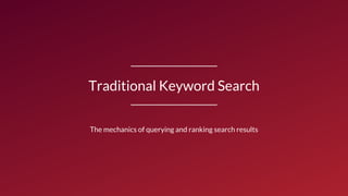 Traditional Keyword Search
The mechanics of querying and ranking search results
 