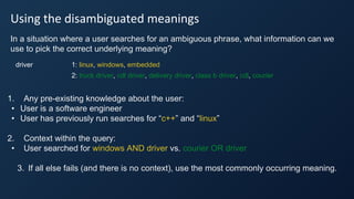 Using the disambiguated meanings
In a situation where a user searches for an ambiguous phrase, what information can we
use to pick the correct underlying meaning?
1. Any pre-existing knowledge about the user:
• User is a software engineer
• User has previously run searches for “c++” and “linux”
2. Context within the query:
• User searched for windows AND driver vs. courier OR driver
3. If all else fails (and there is no context), use the most commonly occurring meaning.
driver 1: linux, windows, embedded
2: truck driver, cdl driver, delivery driver, class b driver, cdl, courier
 