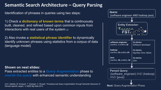 Bay Area Search
Semantic Search Architecture – Query Parsing
Identification of phrases in queries using two steps:
1) Check a dictionary of known terms that is continuously
built, cleaned, and refined based upon common inputs from
interactions with real users of the system [1]
2) Also invoke a statistical phrase identifier to dynamically
identify unknown phrases using statistics from a corpus of data
(language model)
Shown on next slides:
Pass extracted entities to a Query Augmentation phase to
rewrite the query with enhanced semantic understanding
[1] K. Aljadda, M. Korayem, T. Grainger, C. Russell. "Crowdsourced Query Augmentation through Semantic Discovery of
Domain-specific Jargon," in IEEE Big Data 2014.
 