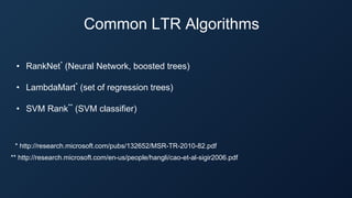 Common LTR Algorithms
• RankNet*
(Neural Network, boosted trees)
• LambdaMart*
(set of regression trees)
• SVM Rank**
(SVM classifier)
** http://research.microsoft.com/en-us/people/hangli/cao-et-al-sigir2006.pdf
* http://research.microsoft.com/pubs/132652/MSR-TR-2010-82.pdf
 
