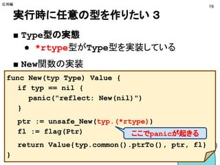 実行時に任意の型を作りたい ３
■ Type型の実態
● *rtype型がType型を実装している
■ New関数の実装
応用編
19
func New(typ Type) Value {
if typ == nil {
panic("reflect: New(nil)")
}
ptr := unsafe_New(typ.(*rtype))
fl := flag(Ptr)
return Value{typ.common().ptrTo(), ptr, fl}
}
ここでpanicが起きる
 