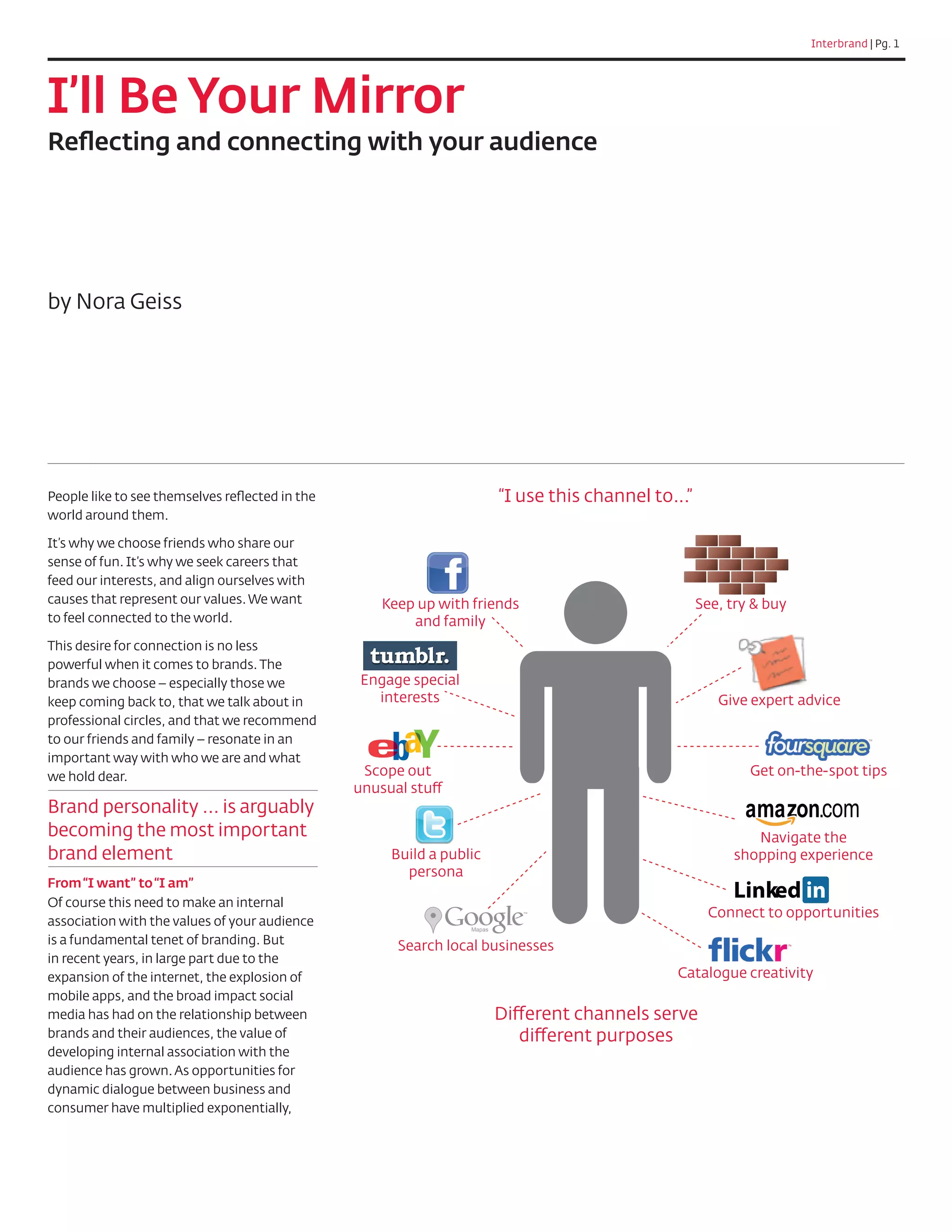 Interbrand | Pg. 1




I’ll Be Your Mirror
Reflecting and connecting with your audience




by Nora Geiss




People like to see themselves reflected in the                        “I use this channel to...”
world around them.

It’s why we choose friends who share our
sense of fun. It’s why we seek careers that
feed our interests, and align ourselves with
causes that represent our values. We want           Keep up with friends                           See, try & buy
to feel connected to the world.                         and family
This desire for connection is no less
powerful when it comes to brands. The
brands we choose – especially those we           Engage special
keep coming back to, that we talk about in         interests                                          Give expert advice
professional circles, and that we recommend
to our friends and family – resonate in an
important way with who we are and what
we hold dear.                                    Scope out                                                 Get on-the-spot tips

Brand personality ... is arguably
becoming the most important                                                                                Navigate the
brand element                                        Build a public                                     shopping experience
                                                       persona
From “I want” to “I am” 		
Of course this need to make an internal
                                                                                                        Linked in
                                                                                                    Connect to opportunities
association with the values of your audience
is a fundamental tenet of branding. But               Search local businesses
in recent years, in large part due to the
expansion of the internet, the explosion of                                                   Catalogue creativity
mobile apps, and the broad impact social
media has had on the relationship between
brands and their audiences, the value of
developing internal association with the
audience has grown. As opportunities for
dynamic dialogue between business and
consumer have multiplied exponentially,
 