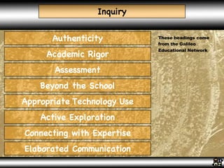 Inquiry Authenticity Academic Rigor Assessment Beyond the School Appropriate   Technology   Use Active Exploration Connecting with Expertise Elaborated Communication These headings come from the Galileo Educational Network . 