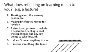 What does reflecting on learning mean to
you? (e.g. a lecture)
A. Thinking about the learning
experience.
B. Making brief notes maybe for
revision
C. A structured process to include
a description, feelings about
the experience and any key
points to take forward.
D. It doesn’t mean anything to me
E. It means something else to me
ngaboutthe
learning...
gbriefnotesm
aybe
fo...
tured
processto
incl...
n’tm
ean
anythingto
m
e
nssom
ethingelse
to
m
e
0% 0% 0%0%0%
 