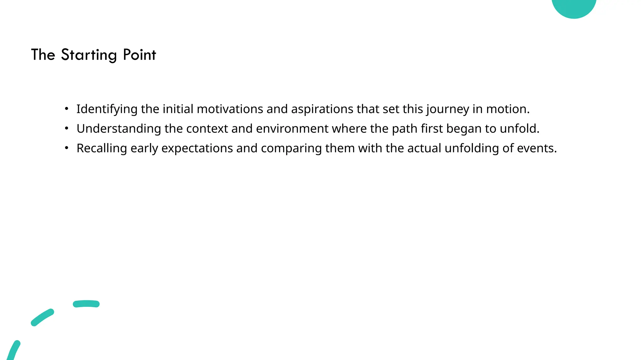 The Starting Point
• Identifying the initial motivations and aspirations that set this journey in motion.
• Understanding the context and environment where the path first began to unfold.
• Recalling early expectations and comparing them with the actual unfolding of events.
 