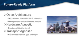Future-Ready Platform


Open Architecture
  Web Services for extensibility & integration
  Manage media devices from one platform
Hardware Agnostic
  Pick the right tool for the job
Transport Agnostic
  Pick the best network type for the job
 