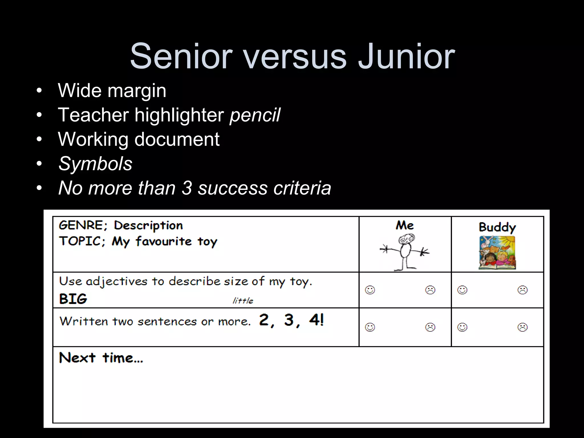 Senior versus Junior Wide margin Teacher highlighter  pencil Working document Symbols  No more than 3 success criteria 