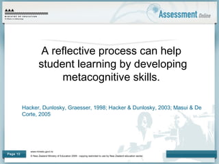 www.minedu.govt.nz
© New Zealand Ministry of Education 2009 - copying restricted to use by New Zealand education sector.
Page 10
A reflective process can help
student learning by developing
metacognitive skills.
Hacker, Dunlosky, Graesser, 1998; Hacker & Dunlosky, 2003; Masui & De
Corte, 2005
 