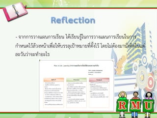 - จากการวางแผนการเรียน ได้เรียนรู้ในการวางแผนการเรียนในการ
กาหนดไว้ล้วงหน้าเพื่อให้บรรลุเป้าหมายที่ตั้งไว้ โดยไม่ต้องมานั่งคิดในแต่
ละวันว่าจะทาอะไร
 