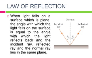 LAW OF REFLECTION
 When light falls on a
surface which is plane,
the angle with which the
light falls on the surface
is equal to the angle
with which the light
reflects back and the
incident ray, reflected
ray and the normal ray
lies in the same plane.
 