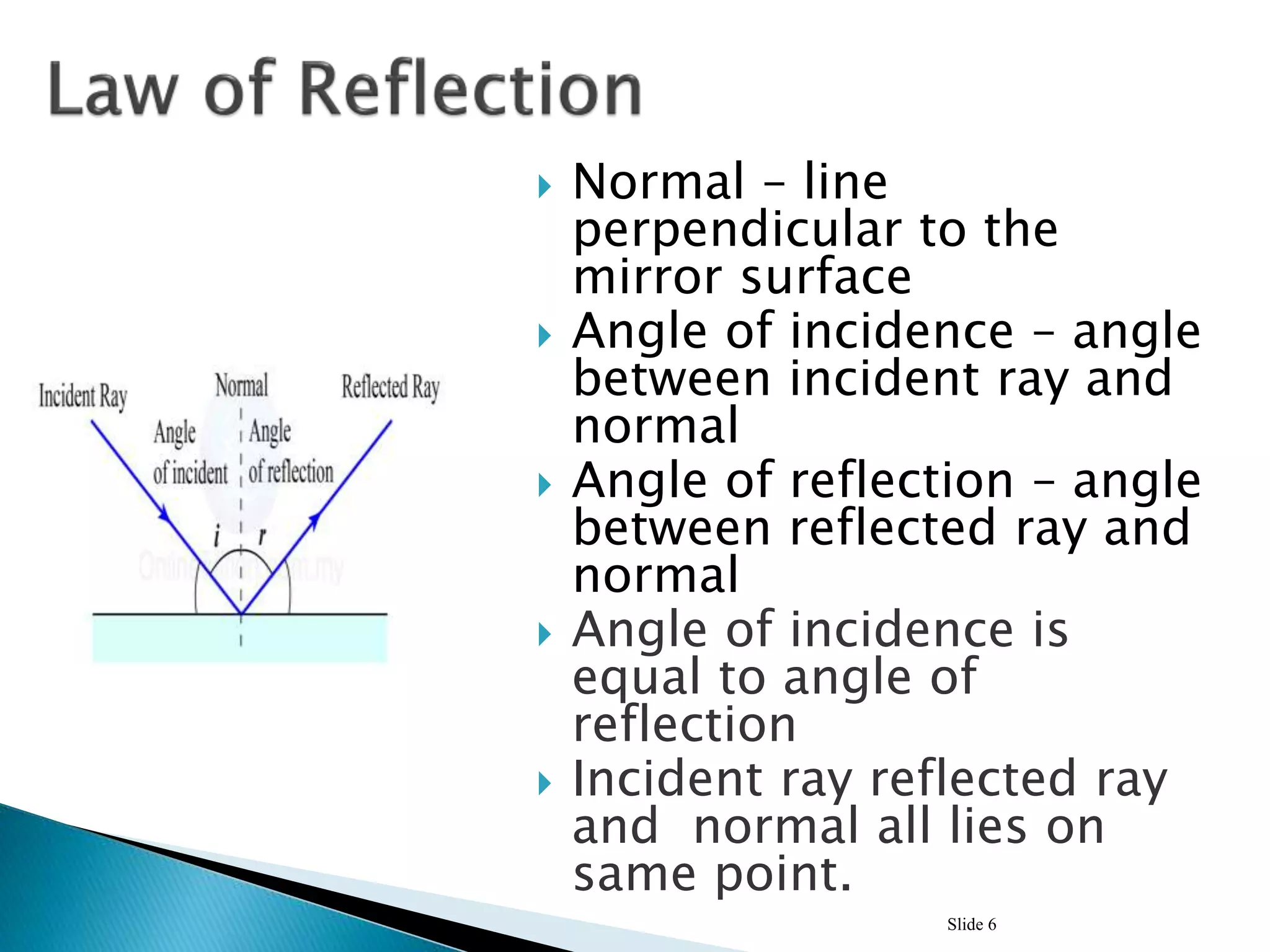  Normal – line
perpendicular to the
mirror surface
 Angle of incidence – angle
between incident ray and
normal
 Angle of reflection – angle
between reflected ray and
normal
 Angle of incidence is
equal to angle of
reflection
 Incident ray reflected ray
and normal all lies on
same point.
Slide 6
 