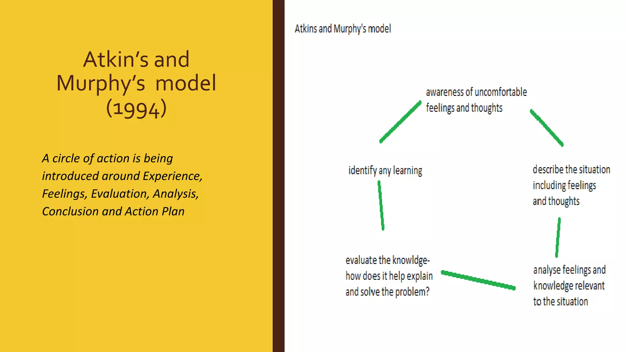 Atkin’s and
Murphy’s model
(1994)
A circle of action is being
introduced around Experience,
Feelings, Evaluation, Analysis,
Conclusion and Action Plan
 
