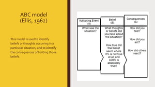 This model is used to identify
beliefs or thoughts occurring in a
particular situation, and to identify
the consequences of holding those
beliefs.
ABC model
(Ellis, 1962)
 