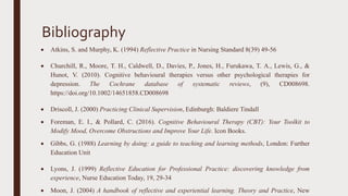 Bibliography
 Atkins, S. and Murphy, K. (1994) Reflective Practice in Nursing Standard 8(39) 49-56
 Churchill, R., Moore, T. H., Caldwell, D., Davies, P., Jones, H., Furukawa, T. A., Lewis, G., &
Hunot, V. (2010). Cognitive behavioural therapies versus other psychological therapies for
depression. The Cochrane database of systematic reviews, (9), CD008698.
https://doi.org/10.1002/14651858.CD008698
 Driscoll, J. (2000) Practicing Clinical Supervision, Edinburgh: Baldiere Tindall
 Foreman, E. I., & Pollard, C. (2016). Cognitive Behavioural Therapy (CBT): Your Toolkit to
Modify Mood, Overcome Obstructions and Improve Your Life. Icon Books.
 Gibbs, G. (1988) Learning by doing: a guide to teaching and learning methods, London: Further
Education Unit
 Lyons, J. (1999) Reflective Education for Professional Practice: discovering knowledge from
experience, Nurse Education Today, 19, 29-34
 Moon, J. (2004) A handbook of reflective and experiential learning. Theory and Practice, New
 