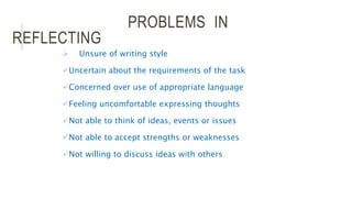 PROBLEMS IN
REFLECTING
 Unsure of writing style
Uncertain about the requirements of the task
Concerned over use of appropriate language
Feeling uncomfortable expressing thoughts
Not able to think of ideas, events or issues
Not able to accept strengths or weaknesses
Not willing to discuss ideas with others
 