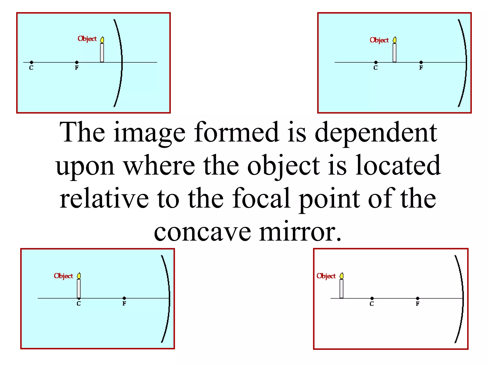 The image formed is dependent upon where the object is located relative to the focal point of the concave mirror. 