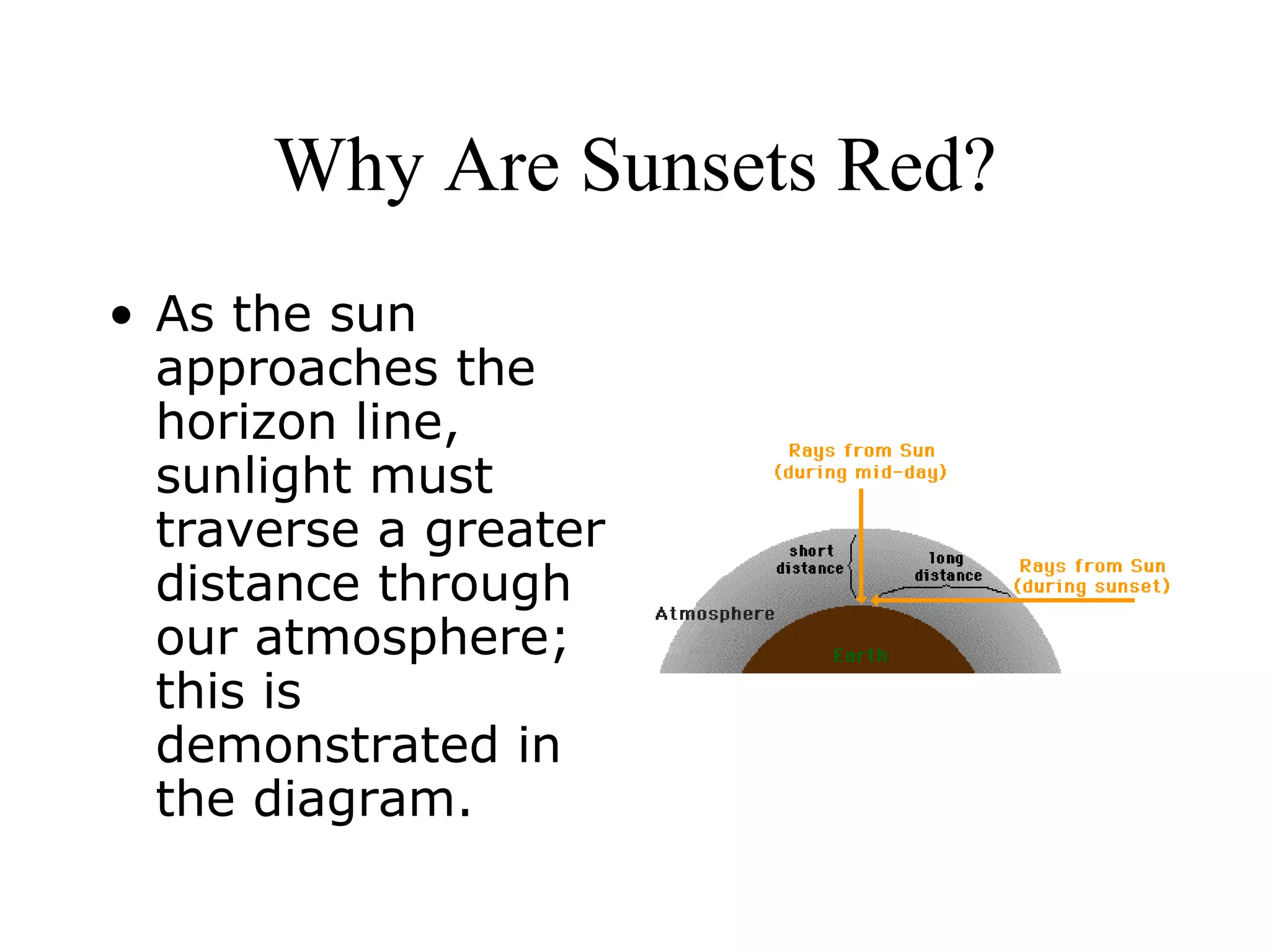Why Are Sunsets Red? As the sun approaches the horizon line, sunlight must traverse a greater distance through our atmosphere; this is demonstrated in the diagram. 