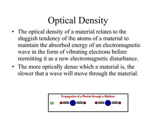 Optical Density The optical density of a material relates to the sluggish tendency of the atoms of a material to maintain the absorbed energy of an electromagnetic wave in the form of vibrating electrons before reemitting it as a new electromagnetic disturbance.  The more optically dense which a material is, the slower that a wave will move through the material. 