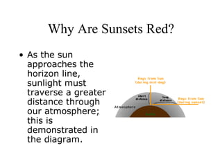 Why Are Sunsets Red? As the sun approaches the horizon line, sunlight must traverse a greater distance through our atmosphere; this is demonstrated in the diagram. 