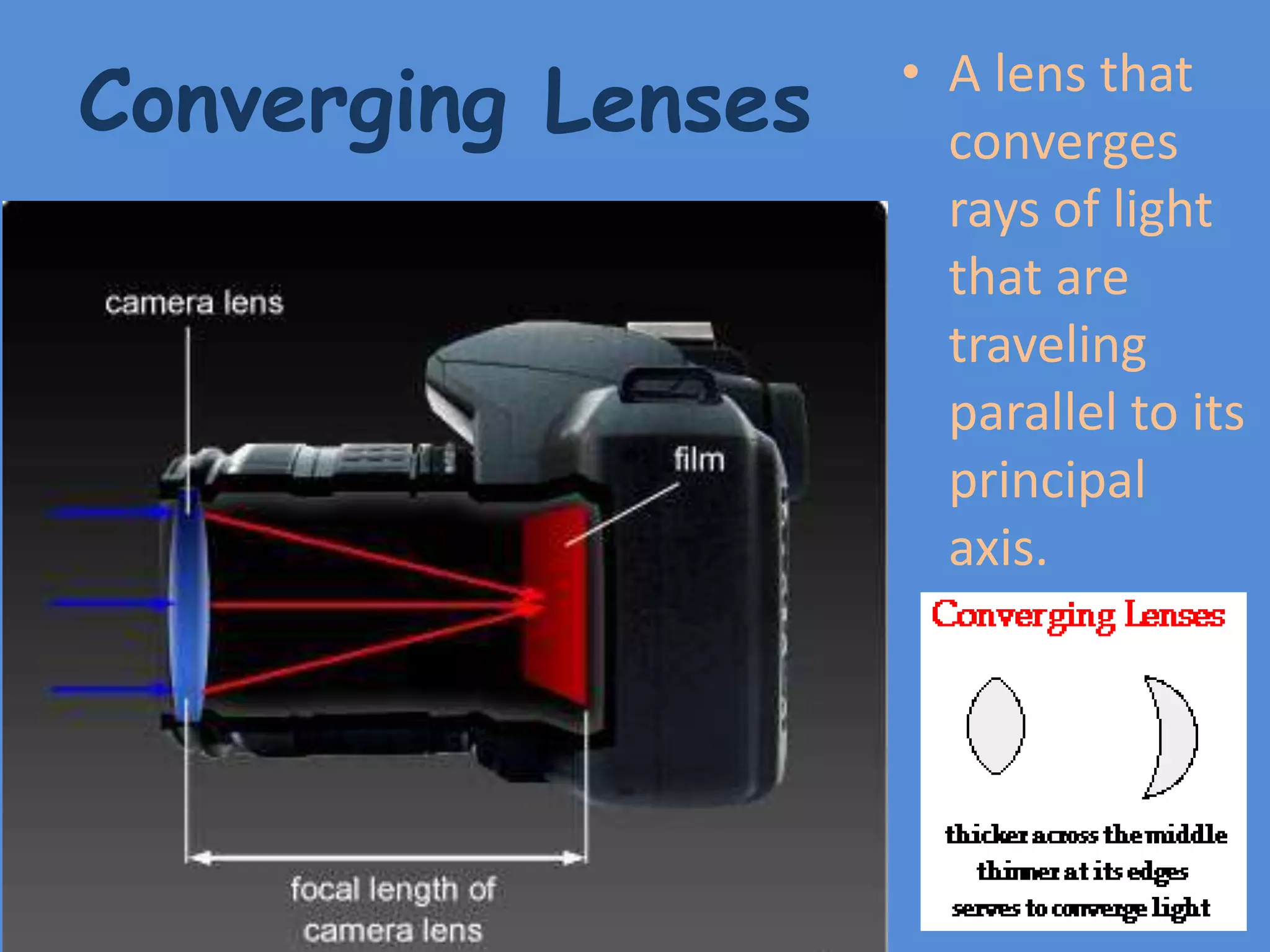 Converging Lenses • A lens that
converges
rays of light
that are
traveling
parallel to its
principal
axis.
 