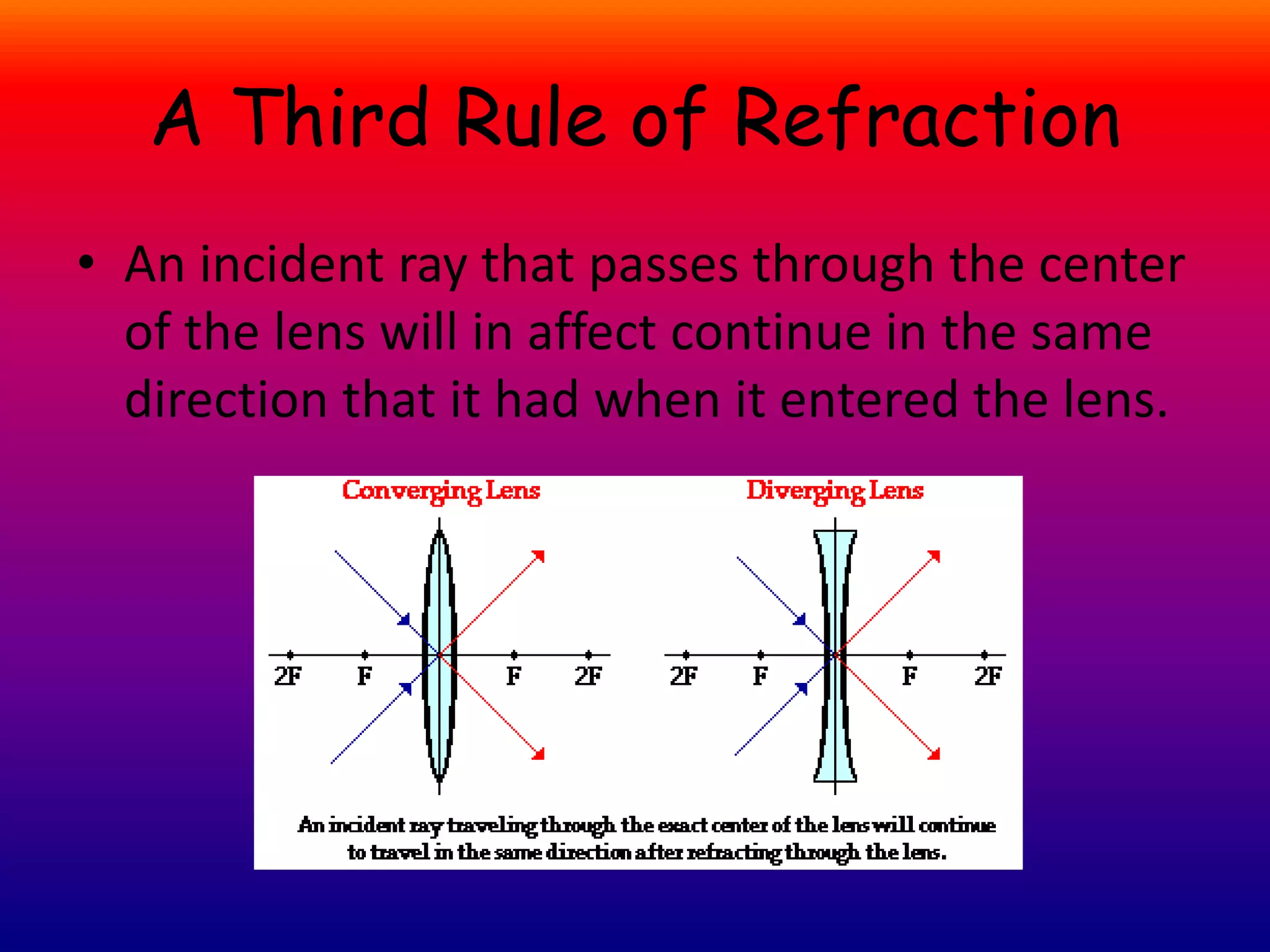 A Third Rule of Refraction
• An incident ray that passes through the center
of the lens will in affect continue in the same
direction that it had when it entered the lens.
 
