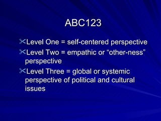 ABC123 Level One = self-centered perspective Level Two = empathic or “other-ness” perspective Level Three = global or systemic perspective of political and cultural issues 
