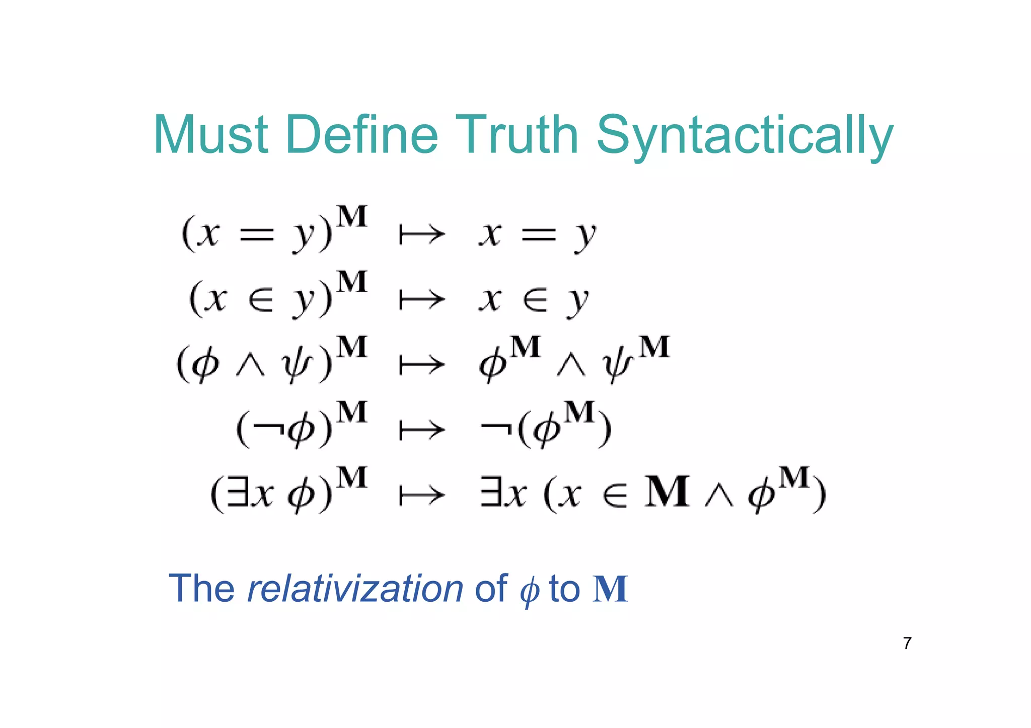 Must Define Truth Syntactically

The relativization of f to M
7

 