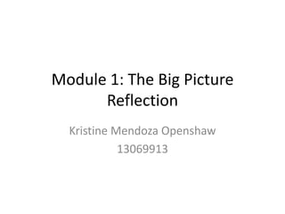 Module 1: The Big Picture
Reflection
Kristine Mendoza Openshaw
13069913
 