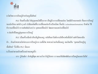 *
3.จิตวิทยาการเรียนรู้สาหรับครูเพื่อศิษย์
PLC คือเครื่องมือ ให้ครูทุกคนได้มีโอกาส เป็นผู้นาการเปลี่ยนแปลง โดยมีเป้ าหมายหลัก ที่ผลการเรียนรู้
ของนักเรียน แต่จริงๆ แล้ว ยังมีผลลัพธ์ที่การเปลี่ยนแปลงโรงเรียนโดย สิ้นเชิง (schooltransformation) อีกด้วย วิธี
ทางานเปลี่ยนไป ความสัมพันธ์ระหว่าง บุคคลเปลี่ยนไป วัฒนธรรมองคก์รเปลี่ยนไป
4.บันเทิงชีวิตครูสู่ชุมชนการเรียนรู้
PLC เป็นเครื่องมือนาเกียรติภูมิของครู กลับคืนมาไม่ต้องรอให้ใครหยิบยื่นให้ แต่ทาโดยลงมือ
ทา... ทาแล้วทบทวนไตร่ตรองการเรียนรู้จาก ผลที่เกิด ทบทวนร่วมกับเพื่อนครู จนเกิดเป็น “ชุมชนเรียนรู้ครู
เพื่อศิษย์” ซึ่งก็คือ PLC นั่นเอง
5.เรื่องเล่าตามบริบทเรื่องเล่าของครูฝรั่ง
การ “รู้จักเด็ก” สาคัญที่สุด เพราะถ้าเราไม่รู้จักเขา เราจะแก้ข้อติดขัดในการเรียนรู้ของเขาไม่ได้
 