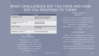 WHAT CHALLENGES DID YOU FACE AND HOW
DID YOU RESPOND TO THEM?
TIME
SCHEDULE
My production time was
significantly cut down
Response: I made sure I had
a solid plan of what I wanted
my project to look like after
my production trip.
COPY FREE
MUSIC
I felt like I didn’t have enough time to
browse the copy free music to try so I
felt like a lot of sounds didn’t fit the
aesthetic of the product.
Response: I got a 2 nd opinion to help
me decide
LOST FILES
W hen I first uploaded my interview
documents to my laptop I was using to
edit, I only uploaded them to the
editing software and not the device or
OneDrive.
Response: had to get hold of the SD
card I used and reupload all footage .
1 0 P R E S E N T A T I O N T I T L E 2 0 X X
Date and Time Activity
Wednesday 4th January Confirm interview for next day, book
equipment, and confirm questions
Thursday 5th January 12:15 – 1:00
1:30 - 3:00
Complete 2 interviews
Film extra filler footage
Friday 6th January Tour around York college grounds with camera
and filler footage
Wednesday 12th – Friday 14th Start and finish editing project
 