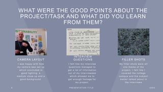 WHAT WERE THE GOOD POINTS ABOUT THE
PROJECT/TASK AND WHAT DID YOU LEARN
FROM THEM?
CAMERA LAYOUT
I w a s h a p p y w i t h h o w
m y c a m e r a w a s s e t u p
w h i c h c o n c l u d e d i n
g o o d l i g h t i n g , a
m e d i u m c l o s e u p a n d a
g o o d b a c k g r o u n d .
INTERVIEW
QUESTIONS
I f e l t l i k e m y i n t e r v i e w
q u e s t i o n s m a n a g e d t o
g e t a l o t o f i n f o r m a t i o n
o u t o f m y i n t e r v i e w e e s
w h i c h a l l o w e d m e t o
g e t e n o u g h f o o t a g e f o r
m y p r o j e c t .
FILLER SHOTS
M y f i l l e r s h o t s w e r e a l l
o n e t h e m e o f t h e
p r o j e c t . I f e l t l i k e I
c o v e r e d t h e c o l l e g e
c a m p u s a n d t h e s u b j e c t
m a t t e r t a l k e d a b o u t i n
t h e i n t e r v i e w s
9 P R E S E N T A T I O N T I T L E 2 0 X X
 