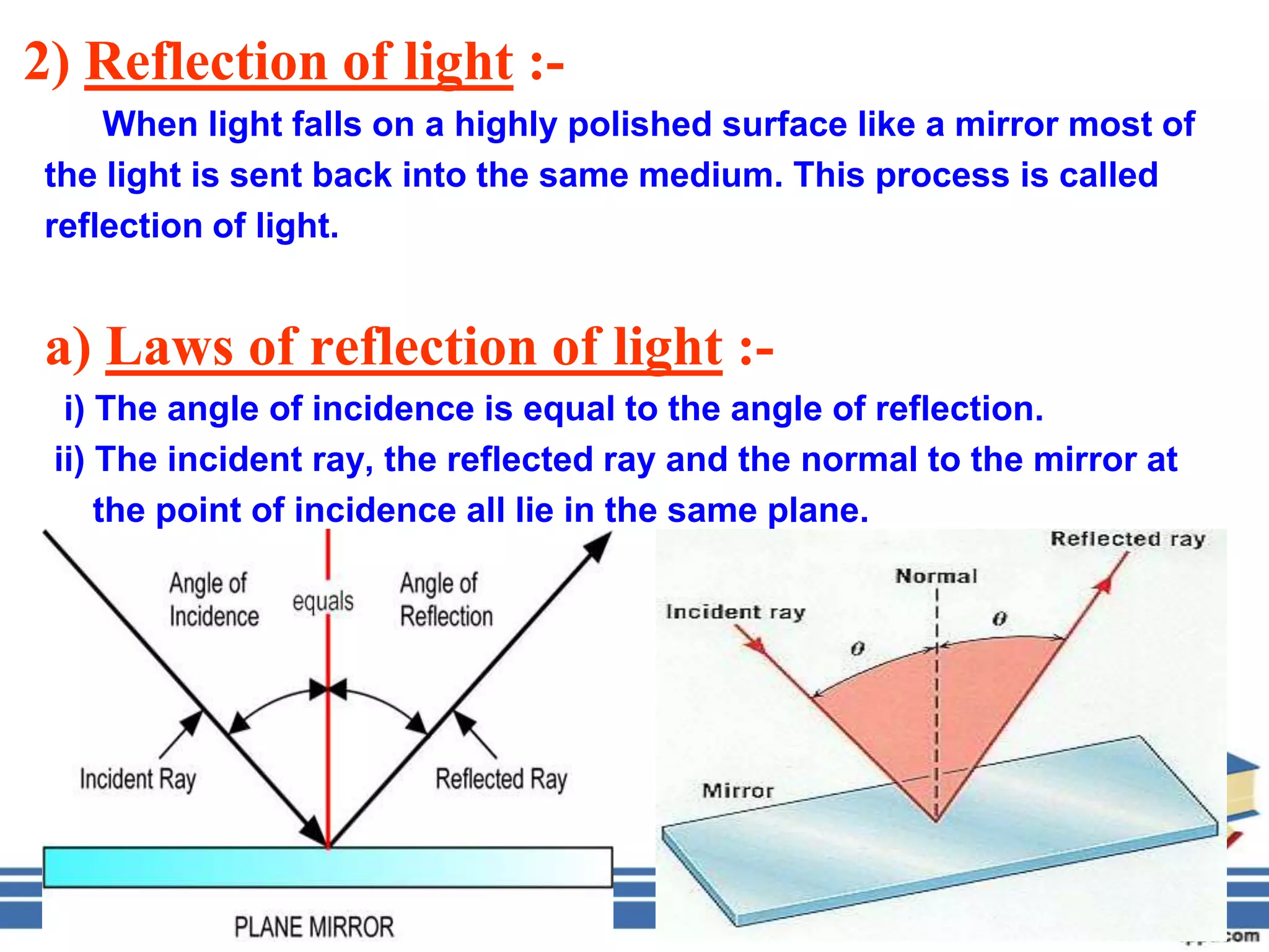 2) Reflection of light :-
    When light falls on a highly polished surface like a mirror most of
the light is sent back into the same medium. This process is called
reflection of light.


a) Laws of reflection of light :-
  i) The angle of incidence is equal to the angle of reflection.
 ii) The incident ray, the reflected ray and the normal to the mirror at
     the point of incidence all lie in the same plane.
 