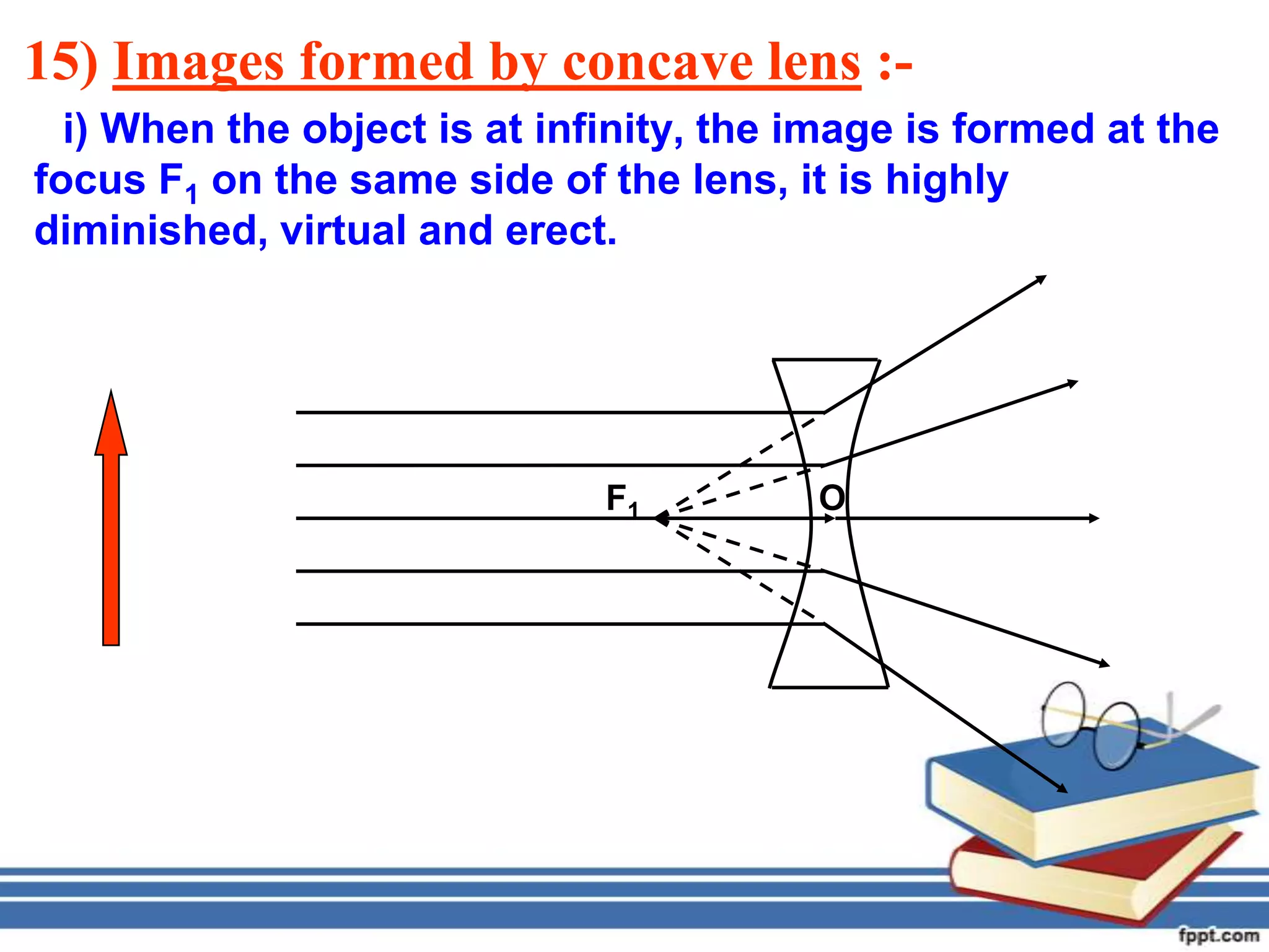 15) Images formed by concave lens :-
  i) When the object is at infinity, the image is formed at the
focus F1 on the same side of the lens, it is highly
diminished, virtual and erect.




                              F1         O
 