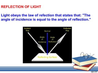 REFLECTION OF LIGHT

Light obeys the law of refection that states that: "The
angle of incidence is equal to the angle of reflection."
 
