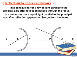 5) Reflection by spherical mirrors :-
       In a concave mirror a ray of light parallel to the
principal axis after reflection passes through the focus.
  In a convex mirror a ray of light parallel to the principal
axis after reflection appears to diverge from the focus.




  C         F         P                  P          F           C
 