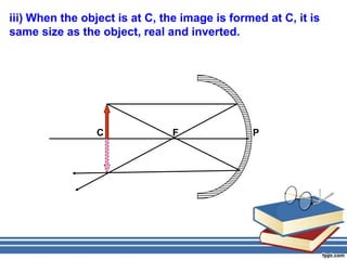 iii) When the object is at C, the image is formed at C, it is
same size as the object, real and inverted.




                 C              F              P
 