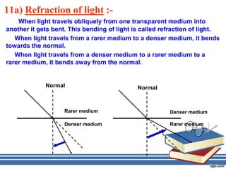 11a) Refraction of light :-
    When light travels obliquely from one transparent medium into
another it gets bent. This bending of light is called refraction of light.
   When light travels from a rarer medium to a denser medium, it bends
towards the normal.
   When light travels from a denser medium to a rarer medium to a
rarer medium, it bends away from the normal.


             Normal                          Normal



                    Rarer medium                        Denser medium

                    Denser medium                       Rarer medium
 