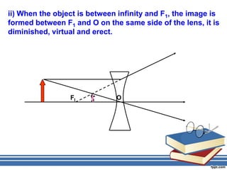 ii) When the object is between infinity and F1, the image is
formed between F1 and O on the same side of the lens, it is
diminished, virtual and erect.




                 FI           O
 