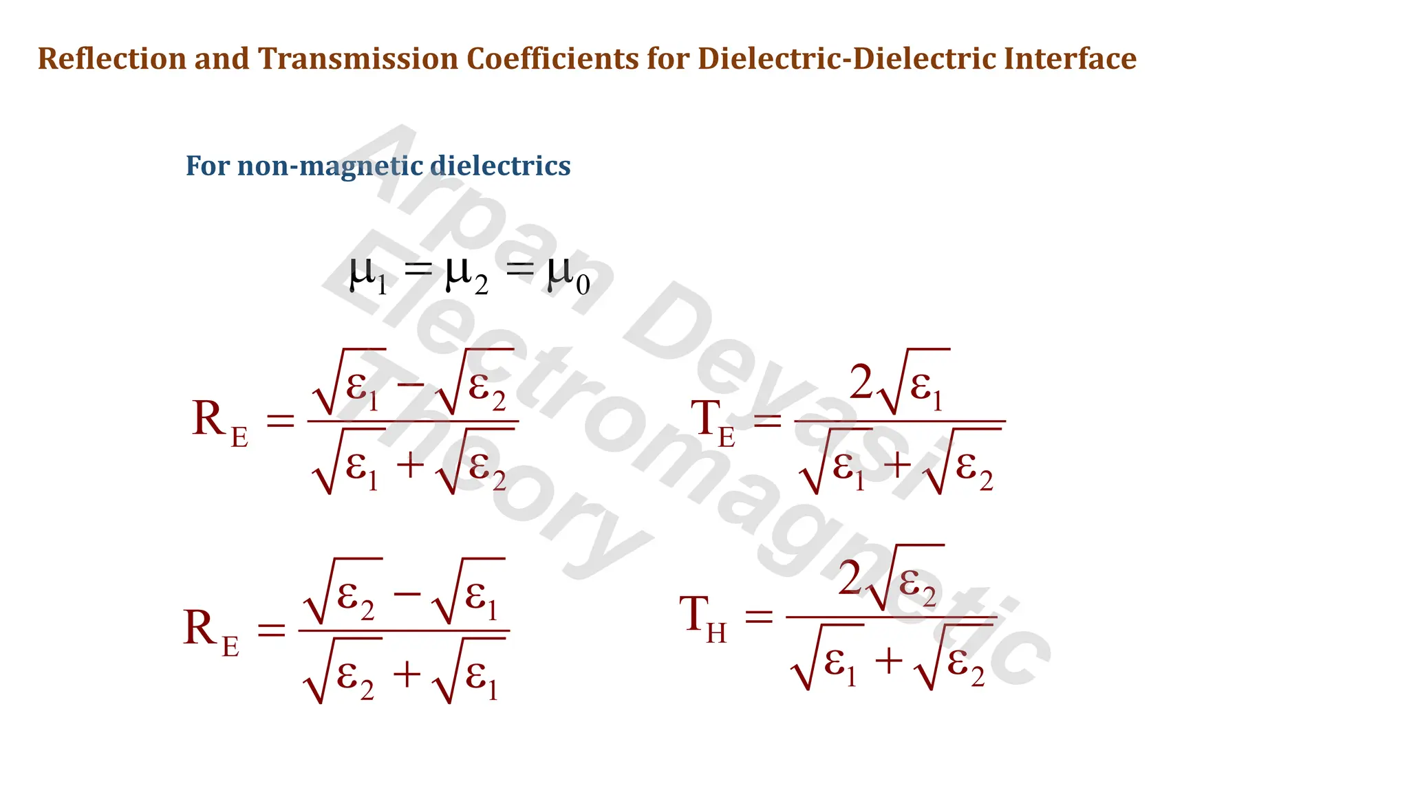 Reflection and Transmission Coefficients for Dielectric-Dielectric Interface
For non-magnetic dielectrics
1 2 0
 =  = 
1 2
E
1 2
R
 − 
=
 + 
2 1
E
2 1
R
 − 
=
 + 
1
E
1 2
2
T

=
 + 
2
H
1 2
2
T

=
 + 
Arpan Deyasi
Electromagnetic
Theory
 