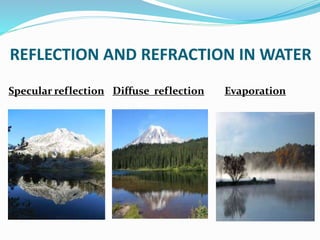 REFLECTION AND REFRACTION IN WATER
Specular reflection Diffuse reflection Evaporation
 