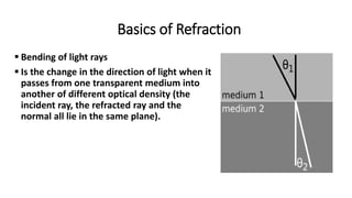 Basics of Refraction
 Bending of light rays
 Is the change in the direction of light when it
passes from one transparent medium into
another of different optical density (the
incident ray, the refracted ray and the
normal all lie in the same plane).
 