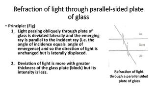 Refraction of light through parallel-sided plate
of glass
• Principle: (Fig)
1. Light passing obliquely through plate of
glass is deviated laterally and the emerging
ray is parallel to the incident ray (i.e. the
angle of incidence equals angle of
emergence) and so the direction of light is
unchanged but is laterally displaced.
2. Deviation of light is more with greater
thickness of the glass plate (block) but its
intensity is less. Refraction of light
through a parallel sided
plate of glass
 