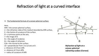 Refraction of light at a curved interface
1) The fundamental formula of a convex spherical surface:
Here,
APB = the convex spherical surface,
n = the refractive index of the medium bounded by APB surface,
C = the Centre of curvature of the surface.
O = a luminous point on the axis,
I = the image of O.
θ1 = the angle of incidence.
θ2 = the angle of refraction.
CLN = the normal to the surface.
LD = perpendicular from L to cut axis at D.
u =Distance of O from APB.
v = distance of I from APB.
r = radius of curvature of APB
Refraction of light at a
convex spherical
refracting surface (Cornea)
 