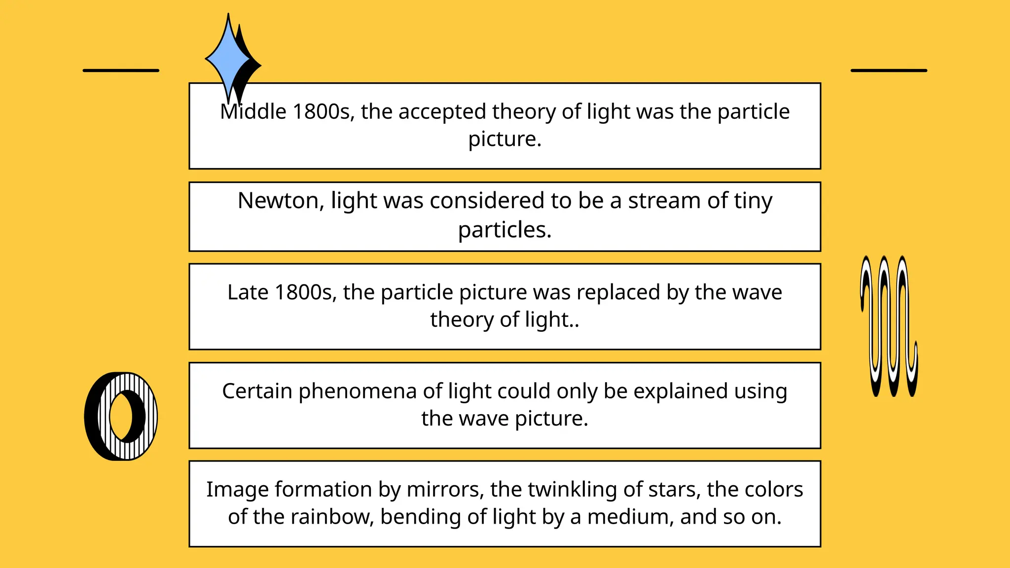 Middle 1800s, the accepted theory of light was the particle
picture.
Newton, light was considered to be a stream of tiny
particles.
Late 1800s, the particle picture was replaced by the wave
theory of light..
Certain phenomena of light could only be explained using
the wave picture.
Image formation by mirrors, the twinkling of stars, the colors
of the rainbow, bending of light by a medium, and so on.
 