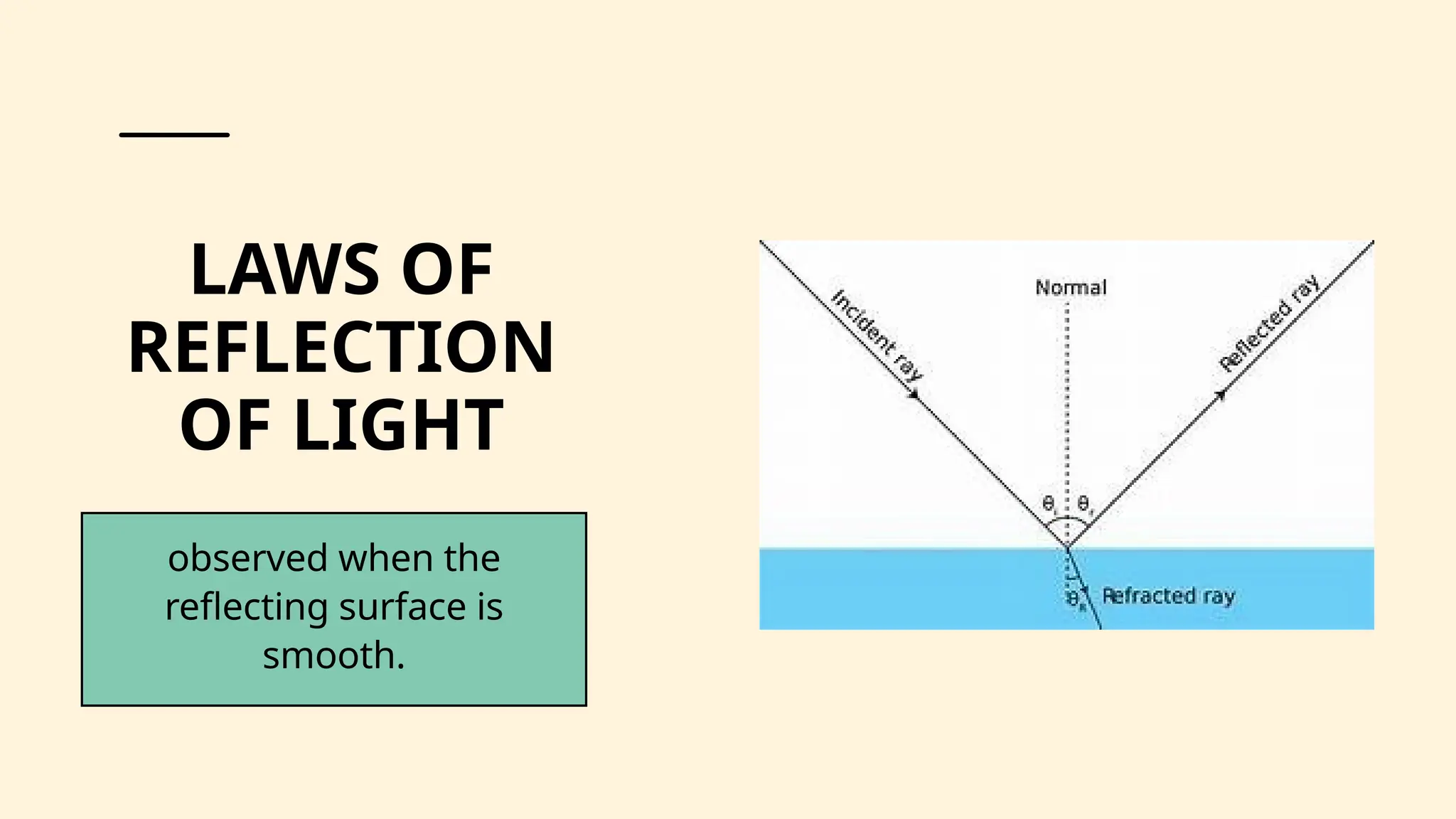 observed when the
reflecting surface is
smooth.
LAWS OF
REFLECTION
OF LIGHT
 