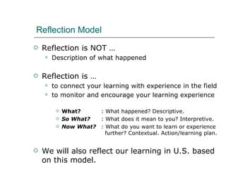 Reflection Model  Reflection is NOT … Description of what happened Reflection is …  to connect your learning with experience in the field to monitor and encourage your learning experience What? : What happened? Descriptive. So What? : What does it mean to you? Interpretive. Now What? : What do you want to learn or experience    further? Contextual. Action/learning plan. We will also reflect our learning in U.S. based on this model.  
