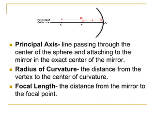  Principal Axis- line passing through the
center of the sphere and attaching to the
mirror in the exact center of the mirror.
 Radius of Curvature- the distance from the
vertex to the center of curvature.
 Focal Length- the distance from the mirror to
the focal point.
 